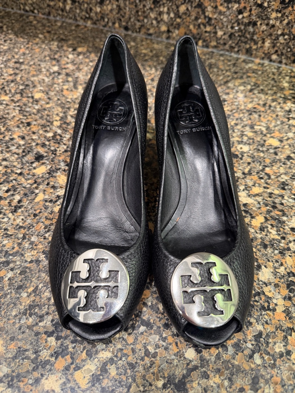Tory Burch Black Leather Peep-Toe Heels with Silver Logo Medallions 7.5